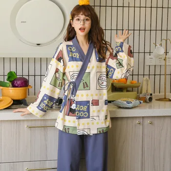 YRRFUOT 2020 Jeseň Zima Bavlnené Pyžamo dámske Dlhé rukávy Nohavice, oblečenie pre voľný čas Oblek Japonské Kimono Roztomilý Kreslený Dievčatá Pyžamá