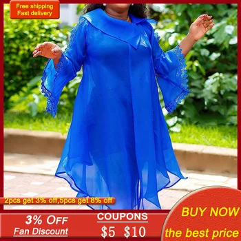 Modrá Ženy Midi Šaty Jeseň Jeseň 2020 Asymetrické Svetlice Dlhý Rukáv Úplnej Sexy Šaty Voľné 5xl Plus Veľkosť Vidieť Cez Bežné