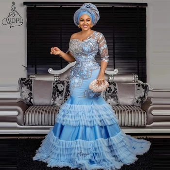 Nádherná Modrá Morská Víla Šaty Ples Aso Ebi Style Plus Veľkosť Čipky Dlhé Večerné Šaty Afriky Nigérijský Gala Príležitosti Šaty Vestidos