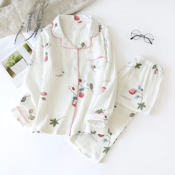 Japonský štýl, dámy, jarné, jesenné a letné bavlna, krep handričkou dlhým rukávom nohavice pyžamo nastaviť cartoon home service žena