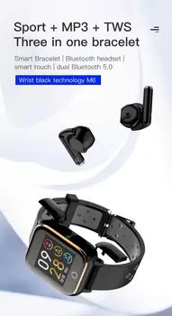 M6 Smart Hodinky TWS Slúchadlá MP3 3 v 1 Inteligentný náramok plne Dotykový Srdcovej frekvencie Sledovanie Krvného Tlaku Šport Inteligentný Náramok