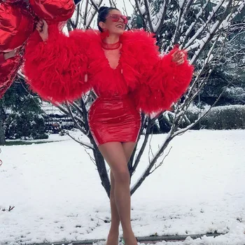 Vestidos 2020 Horúce Červené Krátke Ženy Šaty S Opuchnuté Plné Rukávy Volánikmi Viazané Mini Party Šaty, Sexy Vidieť Skrz Máriu Plášte