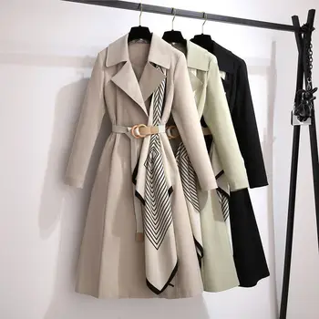 Jeseň žena office zákopy srsti ženy oblečenie 2020 vrchné oblečenie Žena Pracovník Streetwear šatku patchwork Dlho windbreaker s pásom