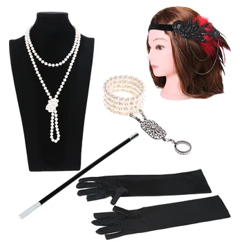 5 ks 1920 Veľký Gatsby Tému Party Kostým Príslušenstvo Nastaviť Vintage Krídlovky Šaty Príslušenstvo Ženy Rukavice Vlasy, Šperky