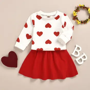 Deti Oblečenie 2020 Jesenné Vianočné Nové Dievčenské Oblečenie pre Deti Milujú Vzor Blúzka + Červené Sukne Roztomilé Sladké Dvoch-Dielny Oblek 5Y