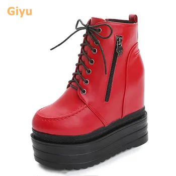Giyu 2020 nové zimné dámske kožené topánky 12cm Vysoký podpätok topánky platformu Vnútorne zvýšené Martin topánky Black red krátke topánky