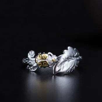 Flyleaf Leaf Zlatá Lienka 925 Sterling Silver Krúžky Pre Ženy Kvalitnú Módu Jemné Šperky Femme Otvoriť Krúžok Vintage