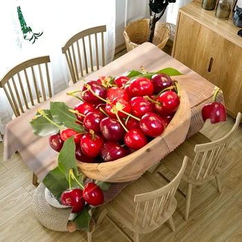 3D Obrus Red Cherry Žltá Mango Ovocie Vzor Prachotesný Jedálenský stôl obrus Obdĺžnikový Zahustiť Polyester Tabuľka Kryt