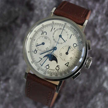 Mechanický Chronograf Hodinky Pánske náramkové hodinky Pilot Mužov Ocele Sapphire Fázy Mesiaca Náramkové Hodinky Seagull ST1908 Pohyb Nové 2020