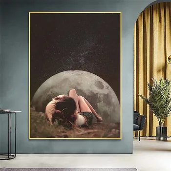 Nočnú Oblohu Umenie Výtlačkov Zemi Pár Plátno Plagáty Surrealizmus Galaxy Priestor Mesiac Plátno Na Maľovanie Kozmického Obrazov Na Stenu Domova
