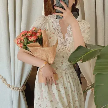 Vintage Kvetinové Šaty Žien Elegantnej Čipky Šifón kórejskej Strany Šaty Lístkového Rukáv V Krku Midi Šaty Jeseň Šaty pre Ženy 2020