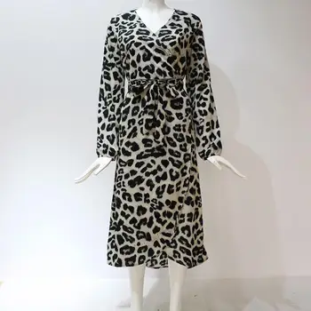 Leopard Šaty 2020 Ženy Vintage Long Beach Voľné Šaty s Dlhým Rukávom, V-výstrihom A-line Sexy Party Šaty Vestidos de fiesta