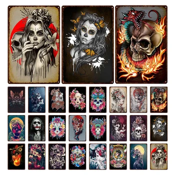 Kostra Lebky Kovov Cín Známky Mexickej Festival Deň Mŕtvych Doska Wall Art Kov Strany Obchodu Domov tetovacie salóny Dekor