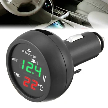 1pc 3 V 1 LED Digitálny Displej Auto Zelená LED Voltmeter Červená LED Teplomer, Meter Monitor Napätie USB Meniča Cigaretový Zapaľovač