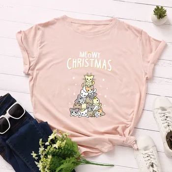 Leto, Bavlna Ženy Tričko Plus Veľkosť 5XL Vianočné Mačky Strom Tlače O-Neck Tričká Krátky Rukáv Fashion Bežné Tee Topy