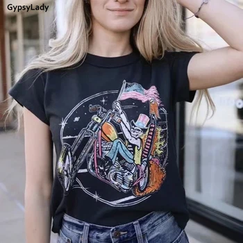 Gypsylady Vintage Bežné Grahpic Tees Black Letné Bavlnené tričko Ženy Rock Tričko Ženy Krátky Rukáv Topy Tee Tričko Žena