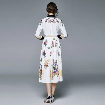 Móda Ženy 2020 Jeseň Flower Šaty, Tričko S Dlhým Rukávom Šaty Biele Vintage Kvetina Tlače Elegantné Dizajnér Dráhy Maxi Šaty