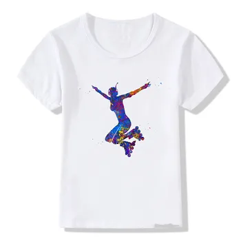 Akvarel korčuľovanie dievča návrhu tlače deti t tričko roztomilý letné topy dievčatá oblečenie biele DIY vlastné tričko deti t-shirts
