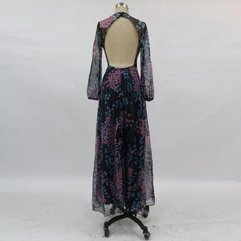 Ženy Vintage Backless Dlho Maxi Šaty Kvetinový Tlače Otvorte Zadný Letné Plážové Šaty Vysoký Pás Dlhý Rukáv Šaty Župan Femme
