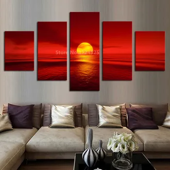 CLSTROSE 5 Ks/set Wall Art HD Vytlačené Modulárny Obrázky Plátno západ Slnka Červené Slnko More Prírodné krajinomaľbou Domova