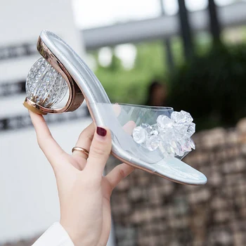 Žena Lete Crystal Dámske Papuče Transparentné Sandále Strieborná Elegantné Dámy Drahokamu Vysoké Podpätky Žien Čerpadlá Topánky 2020