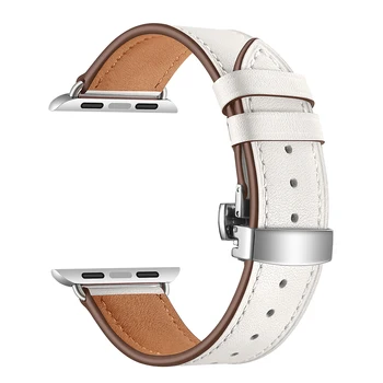 Kožený pás pre Apple Hodinky Series 5 4 44 mm 40 mm, Strieborná Motýľ spona Zápästí Náramok na Zápästie pre iWatch 3/2 42mm 38mm watchband