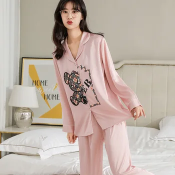 Luxusné Ženy Čisté bavlnené Pyžamá Klasické Domáce oblečenie Kvalitné Pyžamo Ženy Dlhý Rukáv Cardigan dvoch-dielny oblek Voľné Pyžamá