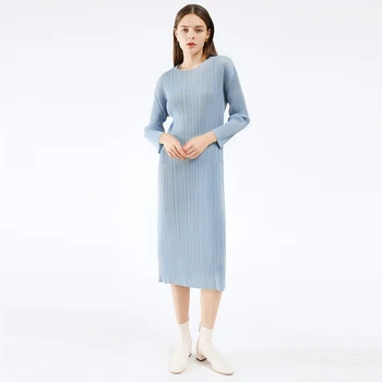 Miyake skladaný dlhý rukáv, dlhé jednoduché šaty jeseň 2020 kórejské oblečenie móda plus size split šaty žien zime