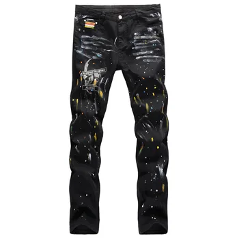 Nové nohavice Európskej Americký ulice, hip-hop štýl ručne maľované mačka fúzov splash farby a farby lebky rovné nohavice, džínsy