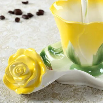 Najlepšie 3D Rose Tvar Kvetu Smalt Keramické Kávu, Čaj, Pohár a Tanier, Lyžica kvalitného Porcelánu Pohár Tvorivé Valentine Darček Dizajn