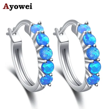 Ayowei Okrúhle náušnice pre ženy Darček Strany Blue Fire Opal striebro pečiatkou Hoop náušnice módne šperky OE748A