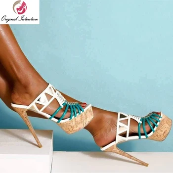 Pôvodný Zámer Štýlový Gladiator Ženy Sandále Na Platforme Stiletto Vysoké Podpätky Sandalia Blue&White Letné Topánky Žena Veľkosť 15