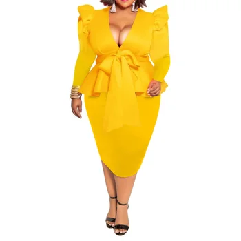 Šaty 5xl Plus Veľkosť Žltá Bodycon Sexy Ženy V Krku Afriky 2020 Vysoký Pás Elegantná Večera Midi Šaty motýlik Šaty Vestiods