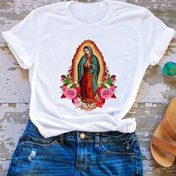 HAHAYULE-JBH Guadalupe Svätého Panny Márie S Ružami T-Shirt dámske Ležérne Krátke Rukávy Christian Tee Katolíckej Viery Tričko