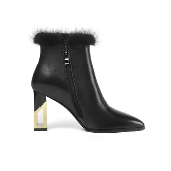 MLJUESE 2020 ženy členková obuv Hovädzie kože zime krátke plyšové pracky popruhu ukázal prst vysoké podpätky ženské topánky party šaty
