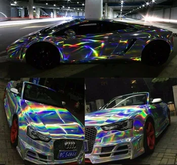 Chrome Silver Laser Car Wrap Fólia Holografické Rainbow Nálepky Zmena Farby DIY Automobily Obtlačky List Auto Styling 152x300cm
