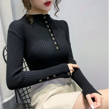 Ženy Buton Zimné Pulóvre 2020 Módne Bežné Dlhý Rukáv Svetre Kórejské Oblečenie Štíhle Sexy Elegantné Základné Biely Čierny Sveter