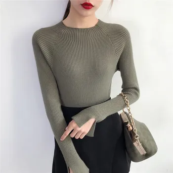 Na predaj 2019 jar Ženy dámy sveter vysoko elastická Pevné pol Turtleneck sveter ženy slim bežné pevne Pletené Pulóvre
