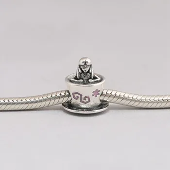 925 Sterling Silver Perličiek Kúzlo Pink & White Smalt Alenka V ríši Divov Šálku Čaju Korálky Fit PAN Náramok & Náhrdelník Šperky