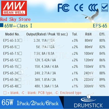 Svieti Meanwell 65W Efektívne Napájanie DC PCB/Uzavretý typ EPS-65-24V/3.3/5/7.5 V, 12V 15V 36V 48V 5.42 A 8A 11A Nahradiť PS-65