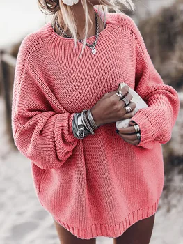 Plus veľkosť ženy nadrozmerné svetre jeseň 2020 ženy pulóver pletený sveter batwing dlhý rukáv o-krku ružový dres