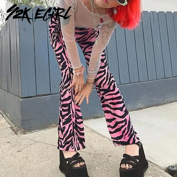 Y2K EGIRL Pastel Goth Zebra Tlač Ružové Nohavice Punk Estetika Polovici Pása Voľné Rovné Nohavice 90. rokov Streetwear Jeseň Nohavice