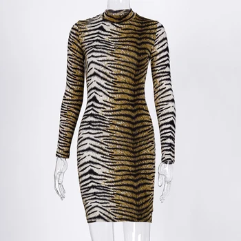 Hugcitar 2019 tiger, leopard tlač dlhý rukáv mini šaty jeseň zima ženy streetwear strany oblečenie clubwear