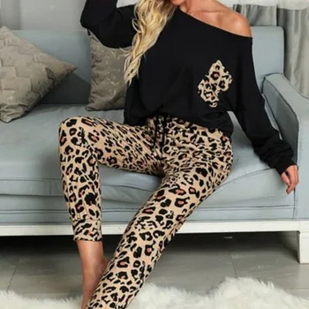 Laamei 2021 Leopard Oblečenie Pre Voľný Čas Vyhovuje Ženy Jeseň Bežné Tričká Šnúrkou Tepláky Salónik Nosenie Pajama Stanovuje Pružná Sleepwear