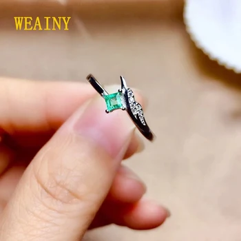 WEAINY Nové módne prírodné emerald krúžok Jednoduché a autentické námestie 3 mm* 3 mm mincový striebro emerald zásnubný prsteň pre ženy