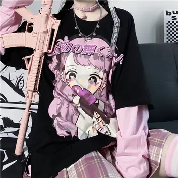 Druhý element Anime oblečenie Harajuku oversezed t-shirts ružová Láska dievča, Krátky rukáv gotický Japonský roztomilý y2k topy naruto čaj