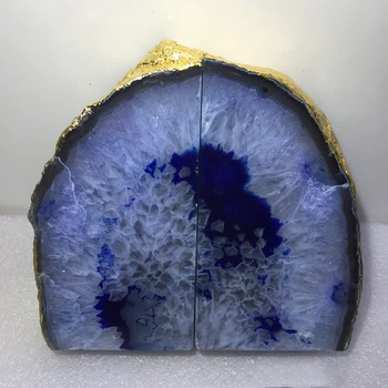 Prírodný 1 Pár Achát Bookkends Polished Quartz Crystal Geode Druzy Bookend Elektrolyticky Pokrývajú Zlatý Okraj Vzorky Minerálov Remeslá