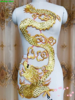 Vysoko kvalitné nádhernej Čipky, výšivky škvrny Zlatými flitrami Červená Eugen priadza Čínsky Drak Nášivka pre DIY Svadobné šaty
