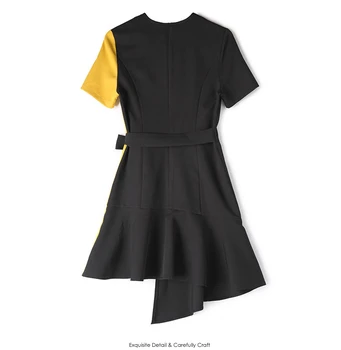 Móda Ženy Letné Šaty 2020 Nové Čierna Žltá Mozaika Krátky Rukáv Asymetrické bežné kancelárske Party Šaty