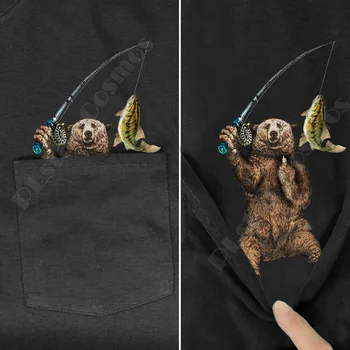 Hippie Pocket Tee T Košele lete Rybárske Medveď vytlačené t-shirt mužov pre ženy topy čierna bavlna vtipné Krátke rukáv drop shipping